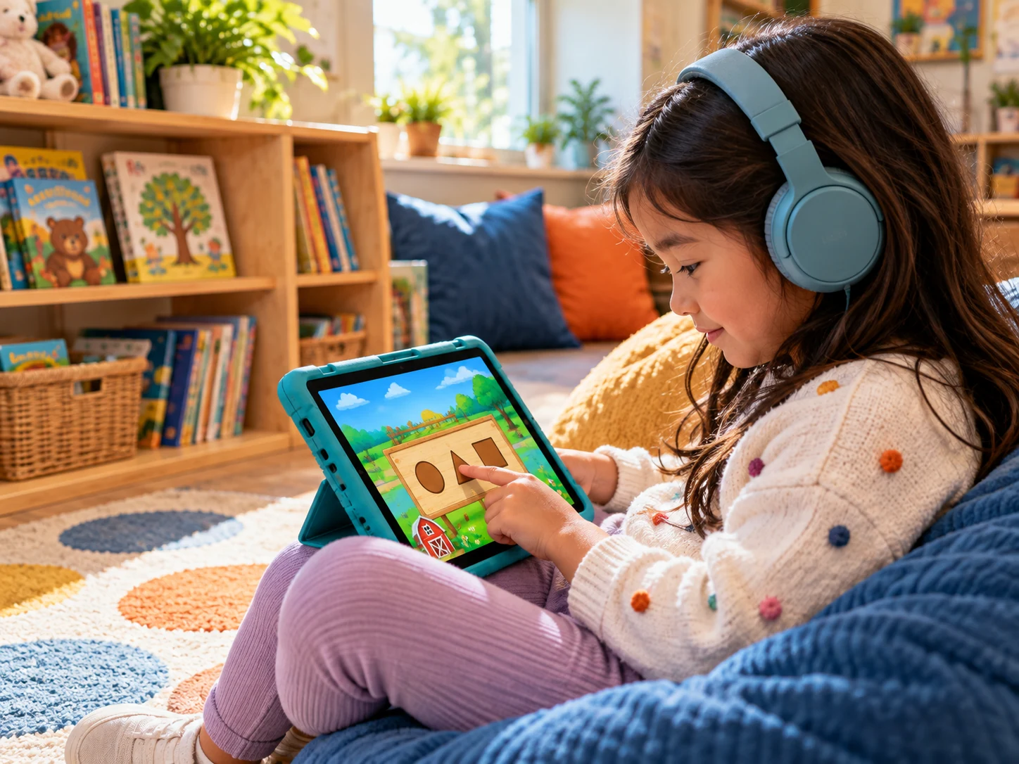 Child using a tablet in a quiet reading corner