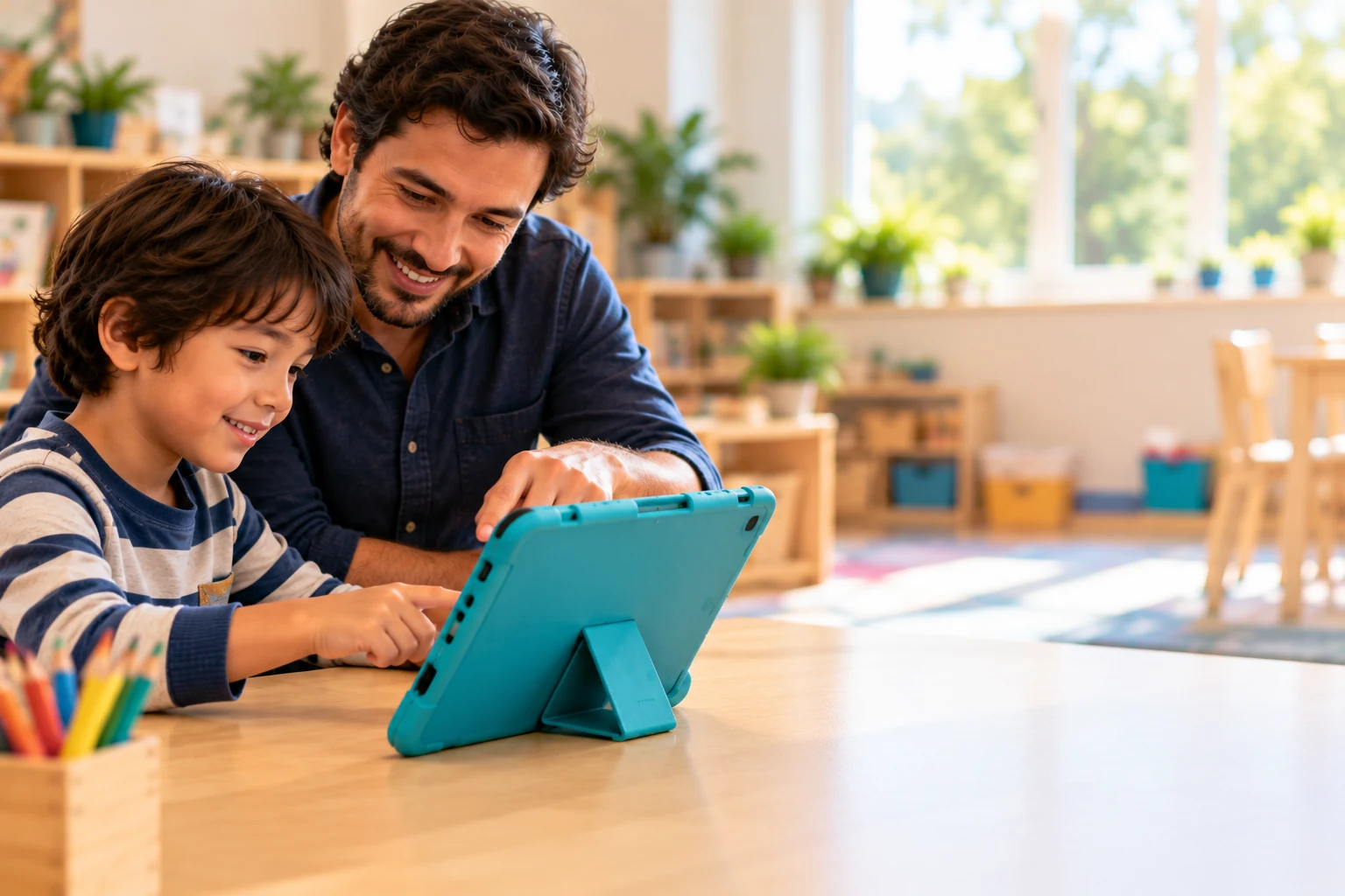 Educator and child reviewing an activity on a tablet