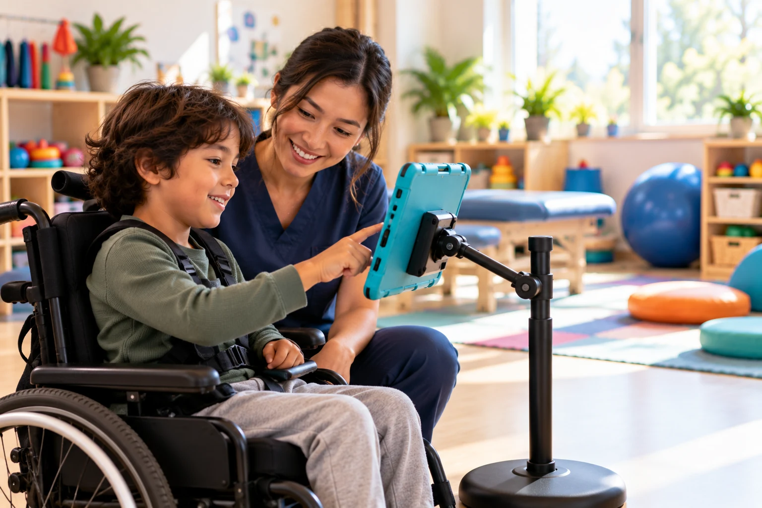 Child in a wheelchair using a tablet on a floor stand