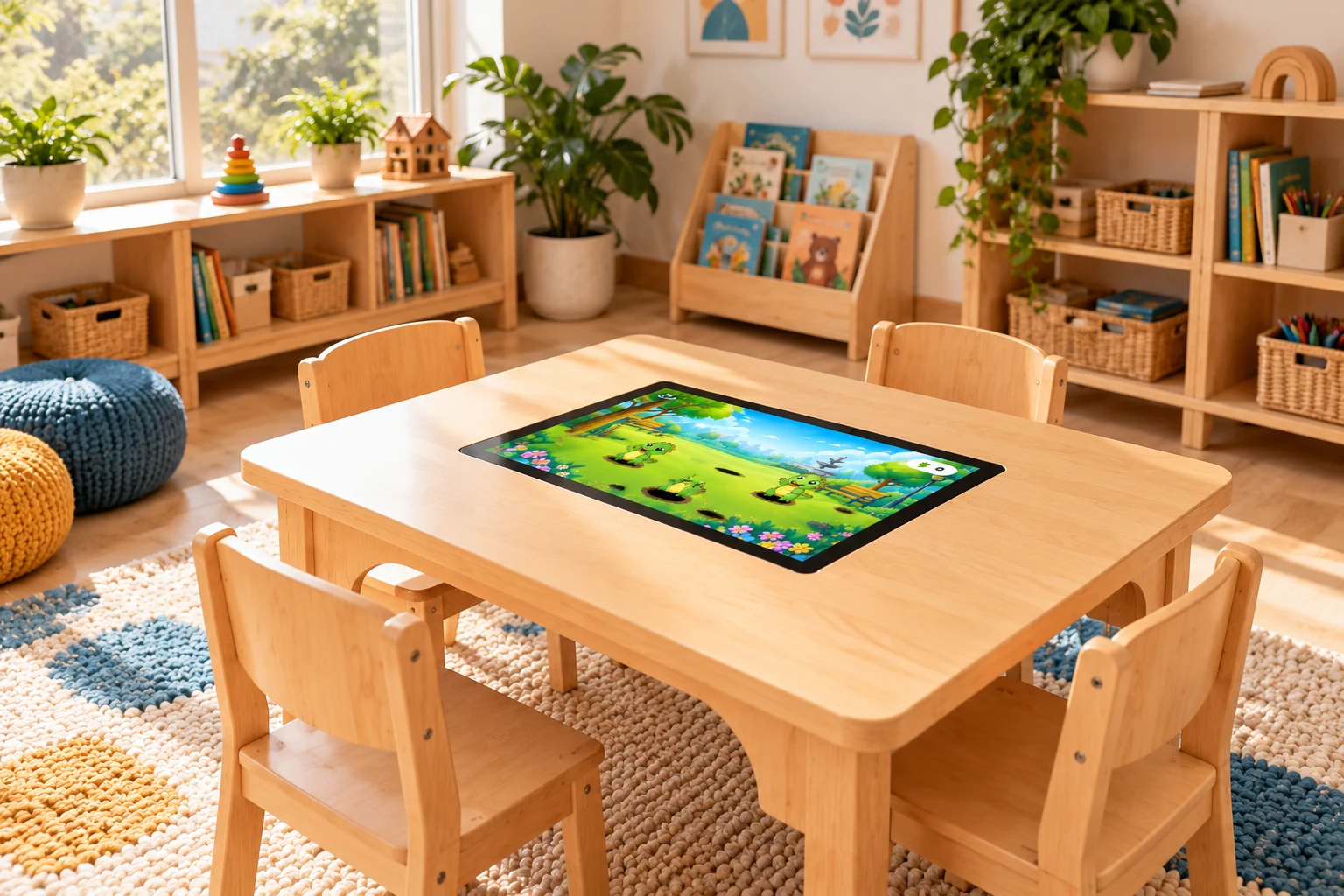 Wooden activity table in an early learning classroom