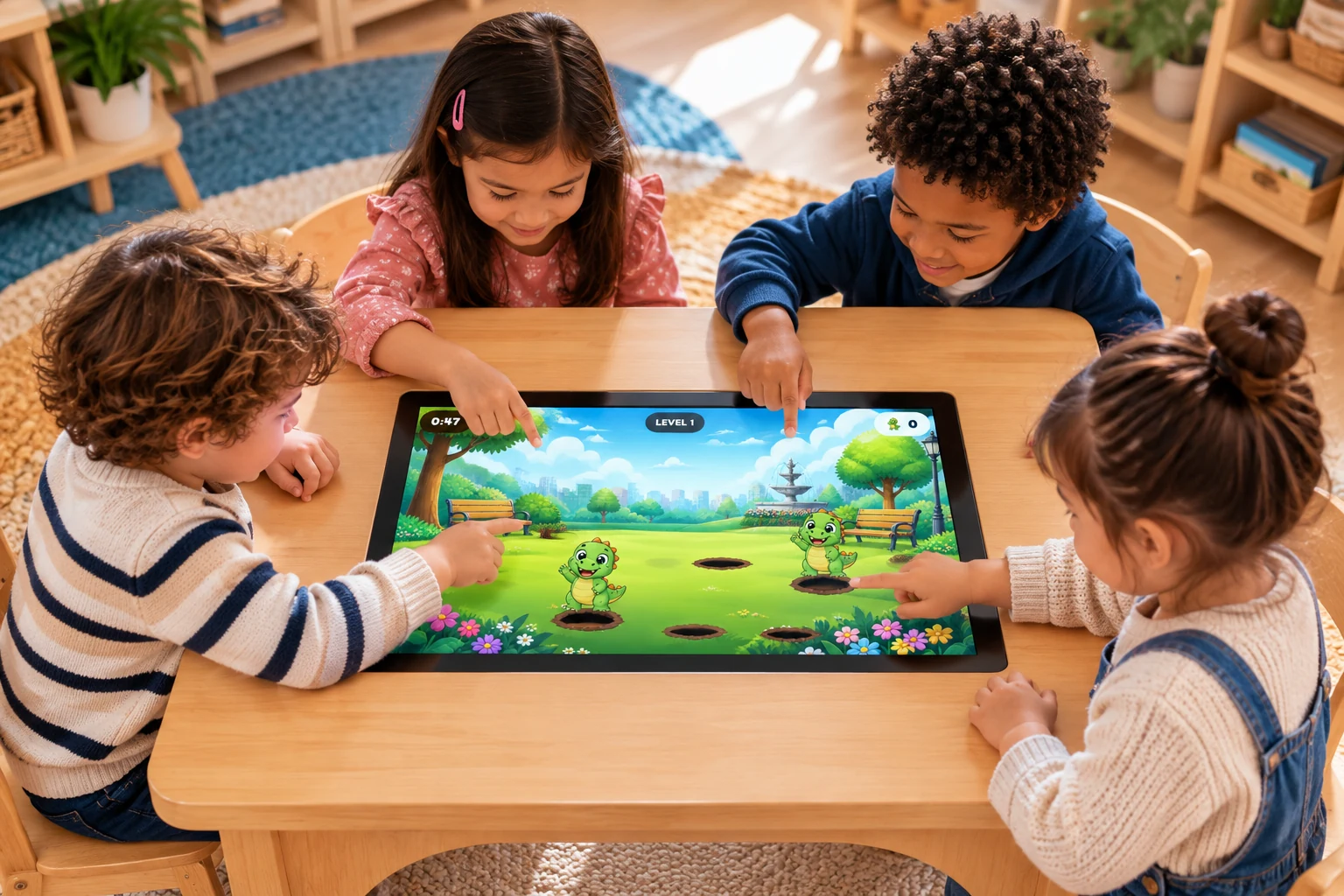 Children's hands on a touch screen embedded in a wooden activity table