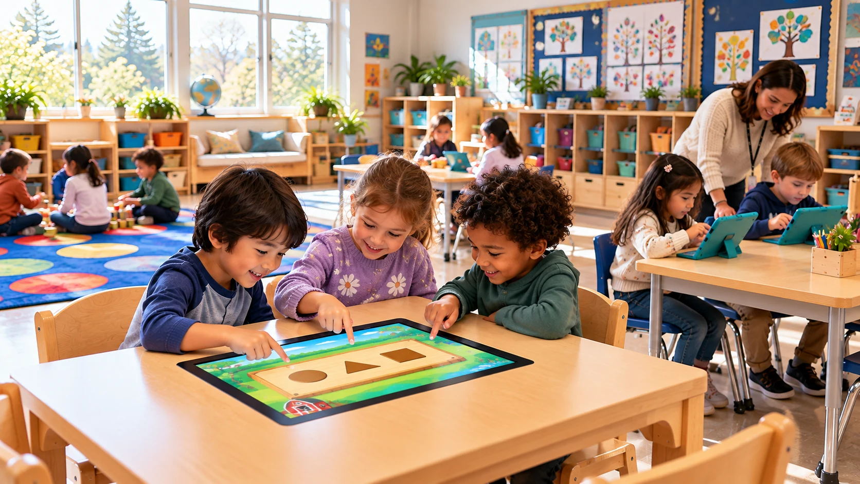 Small group at an activity table while other learners use tablets